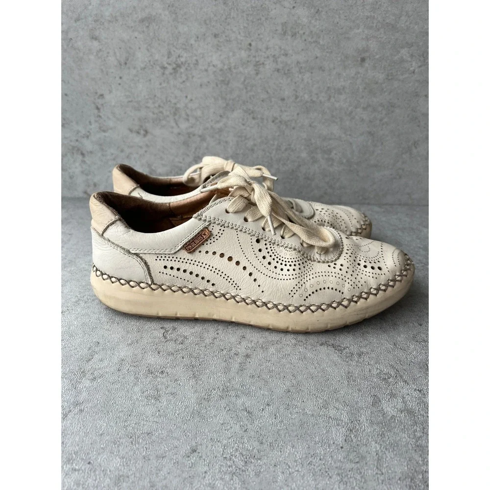 Pikolinos Mesina Leather Lace Up Sneakers Cream Floral‎ Cut Out Spring Womens 39